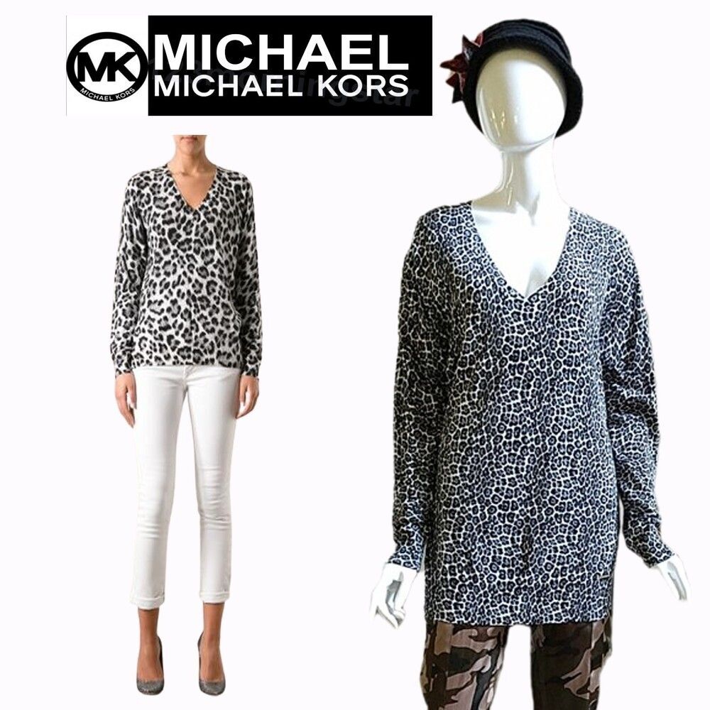 Michael Kors Leopard V Neck Pullover Sweater L Black White NWT